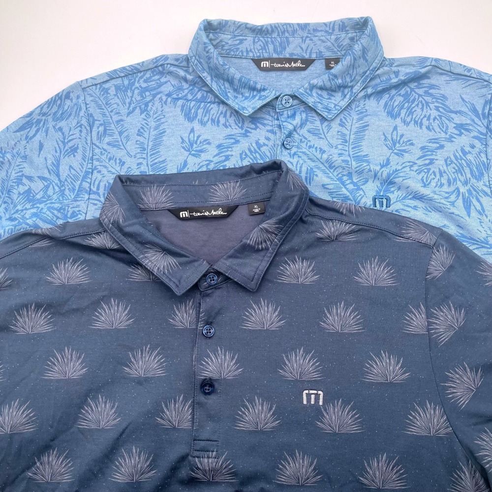 TravisMathew Mens XL Polo Shirt Bundle 2 Pack Blue Agave Palm AOP Golf Tops